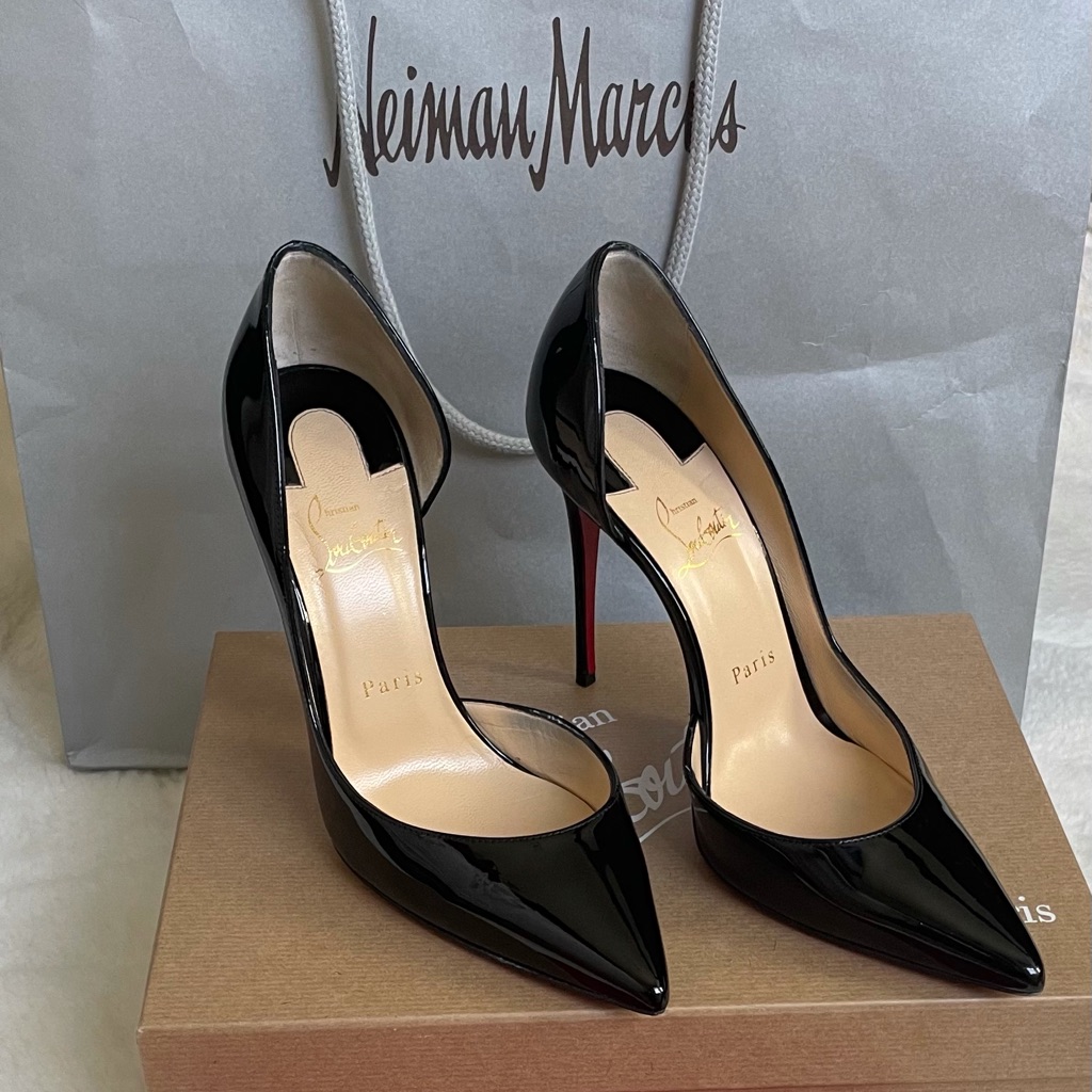 Authentic Christian Louboutin Iriza Patent Open-Side Red Sole Pump 38 Black
